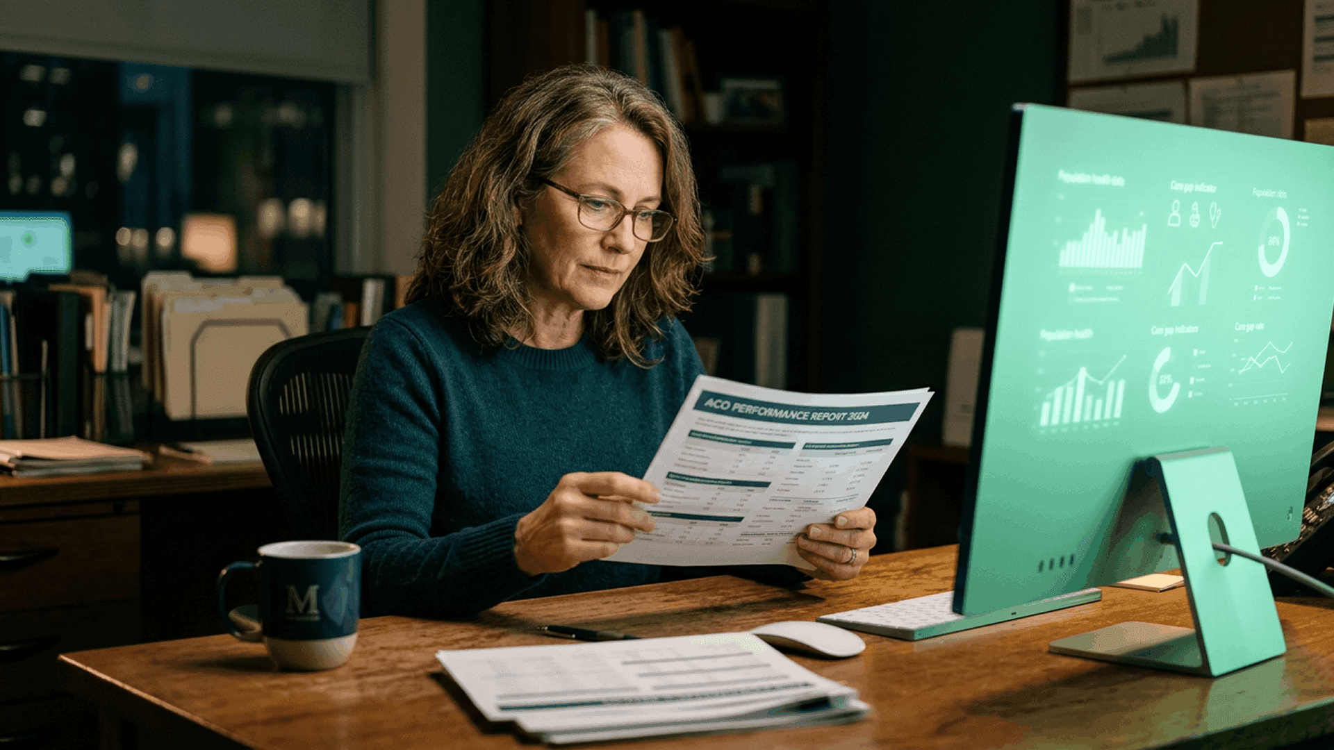 Healthcare quality leader reviewing an ACO Performance Report at her desk, with a mint-colored monitor displaying care gap closure dashboards and population health metrics