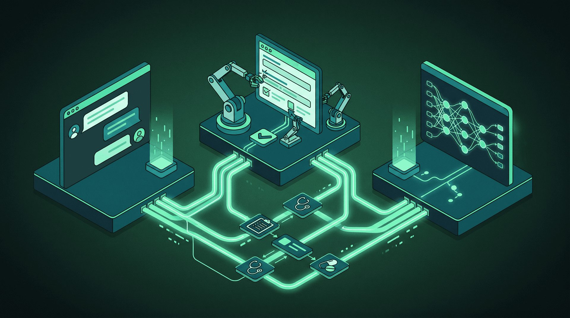 Three technologies side by side on dark green: a chatbot conversation panel (left), a robotic-arm form-filling workstation (center, RPA), and an AI agent neural-network dashboard (right) — connected by mint pipes routing through healthcare icons (stethoscope, clipboard, pill)