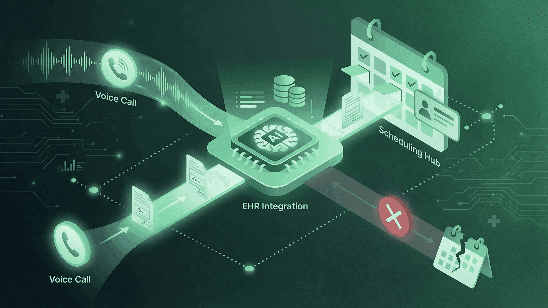 AI Voice Scheduling and EHR Integration - showing bi-directional data flow between voice AI and scheduling systems