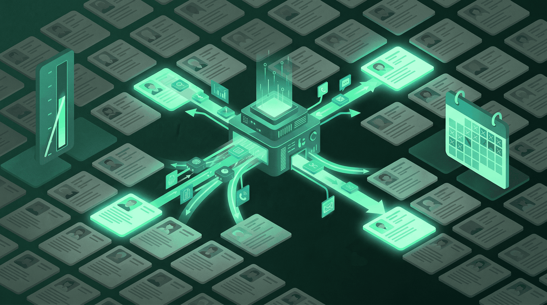 Isometric dark-green scene of a dense grid of gray Medicare patient records, with a mint-glowing outreach hub in the center fanning arrows out to selected records, a vertical completion-rate KPI thermometer on the left, and a large scheduling calendar on the right — representing eligibility stratification, multi-channel outreach, and self-scheduling that lift AWV completion