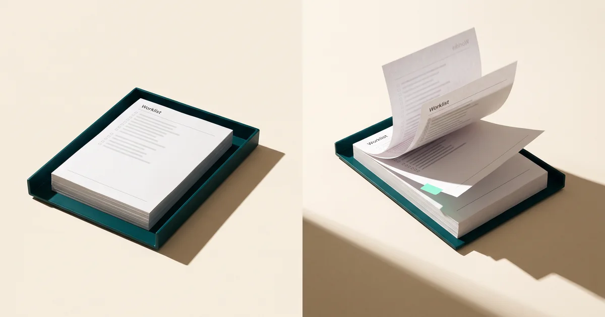 Split view of a green tray holding a printed worklist pad, closed on the left and fanned open on the right with a mint tab