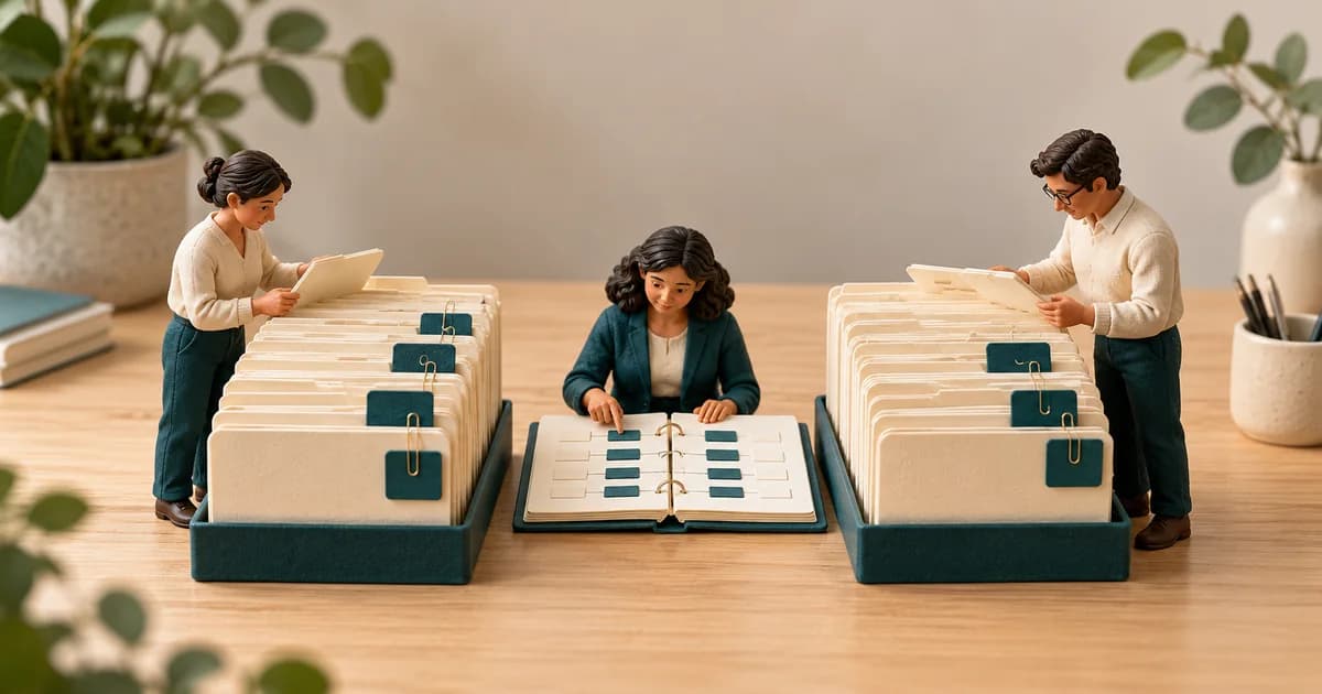 Miniature staff compare two sets of record folders while preserving task cards in a shared ledger.