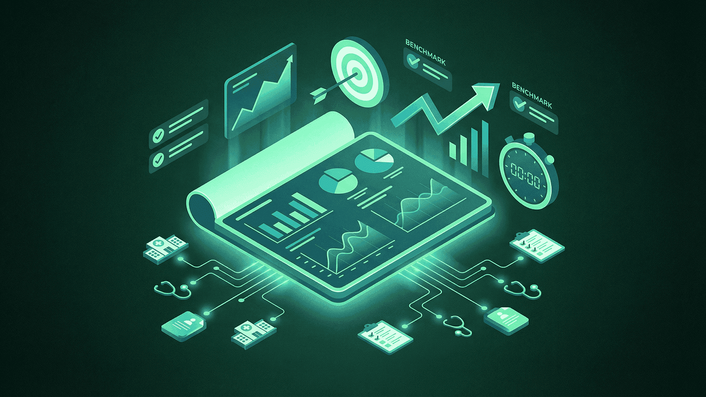 Isometric illustration of healthcare analytics dashboard with benchmarks, charts, growth metrics, target goals, and connected healthcare facilities and medical devices on dark teal background