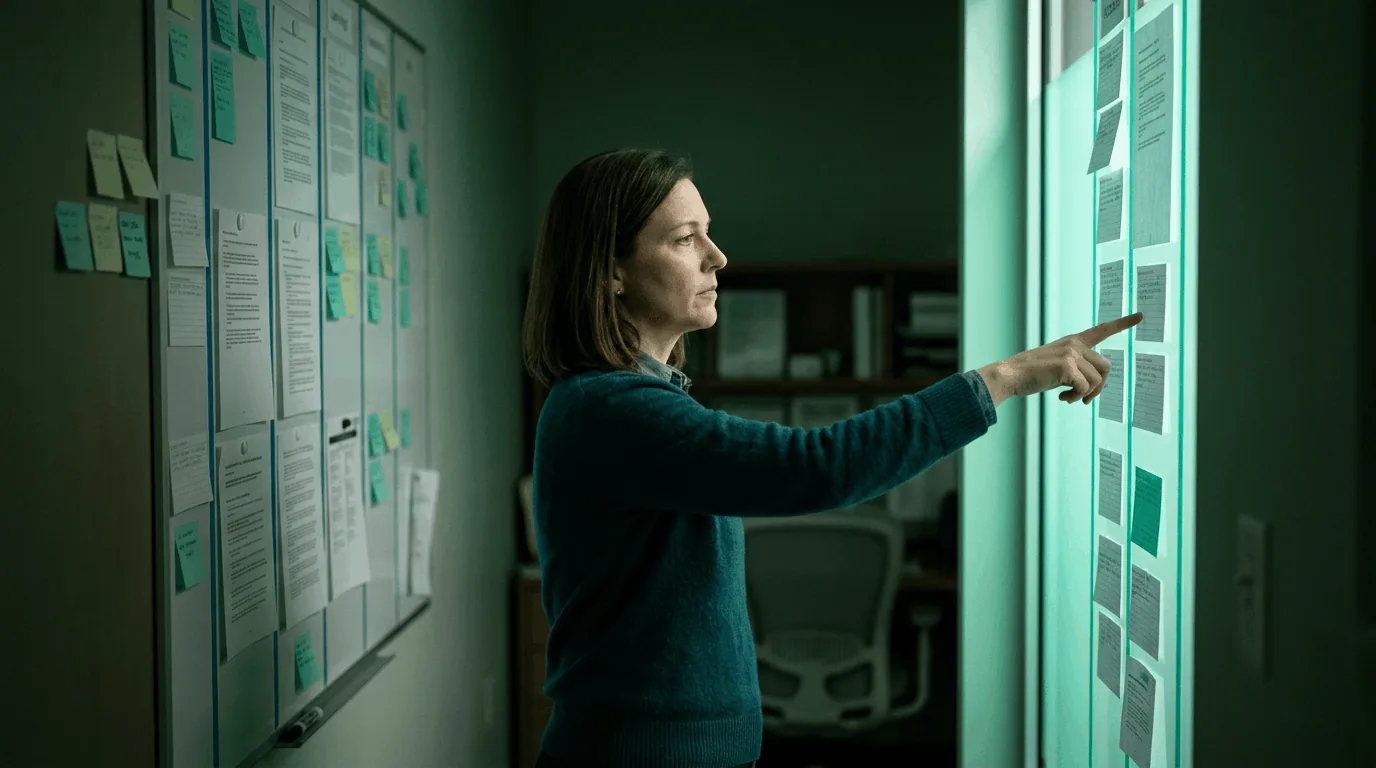 Compliance lead in a teal sweater mapping CMS-0057-F regulatory text against a glowing illuminated panel and a policy wall covered in sticky notes, representing the cross-walk between the rule's requirements and a payer-by-payer compliance plan