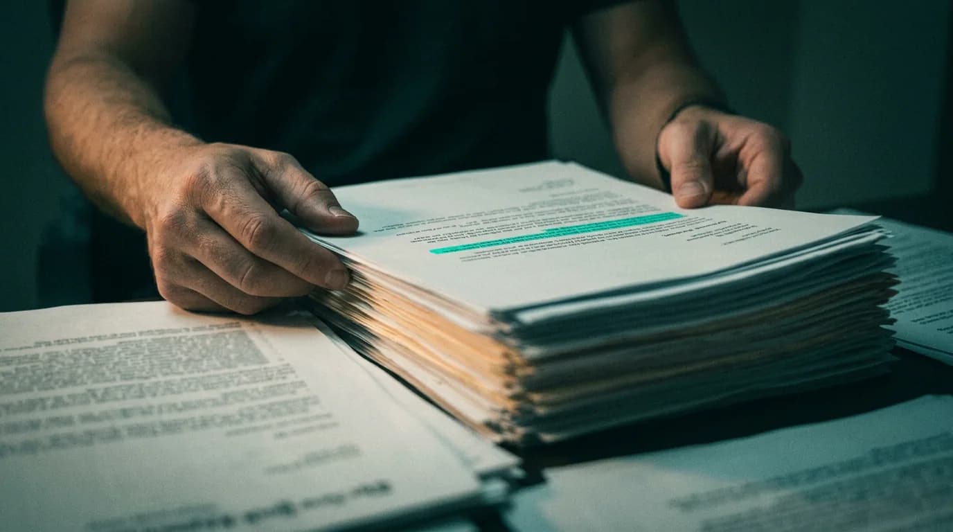 Reviewer examining a thick prior authorization file with key documentation highlighted