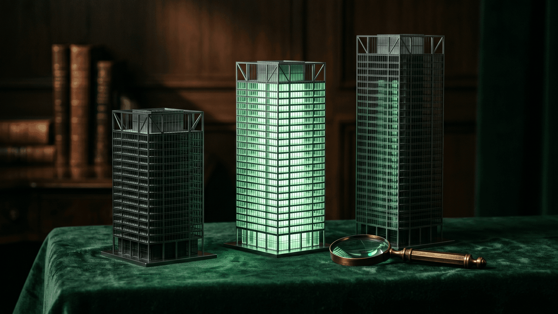 Isometric dark-green scene of an eight-column scoring rubric with mint checkmarks and red flags, a magnifying glass over an EHR integration diagram, and a clipboard of RFP questions — representing a vendor-agnostic healthcare AI buyer's checklist