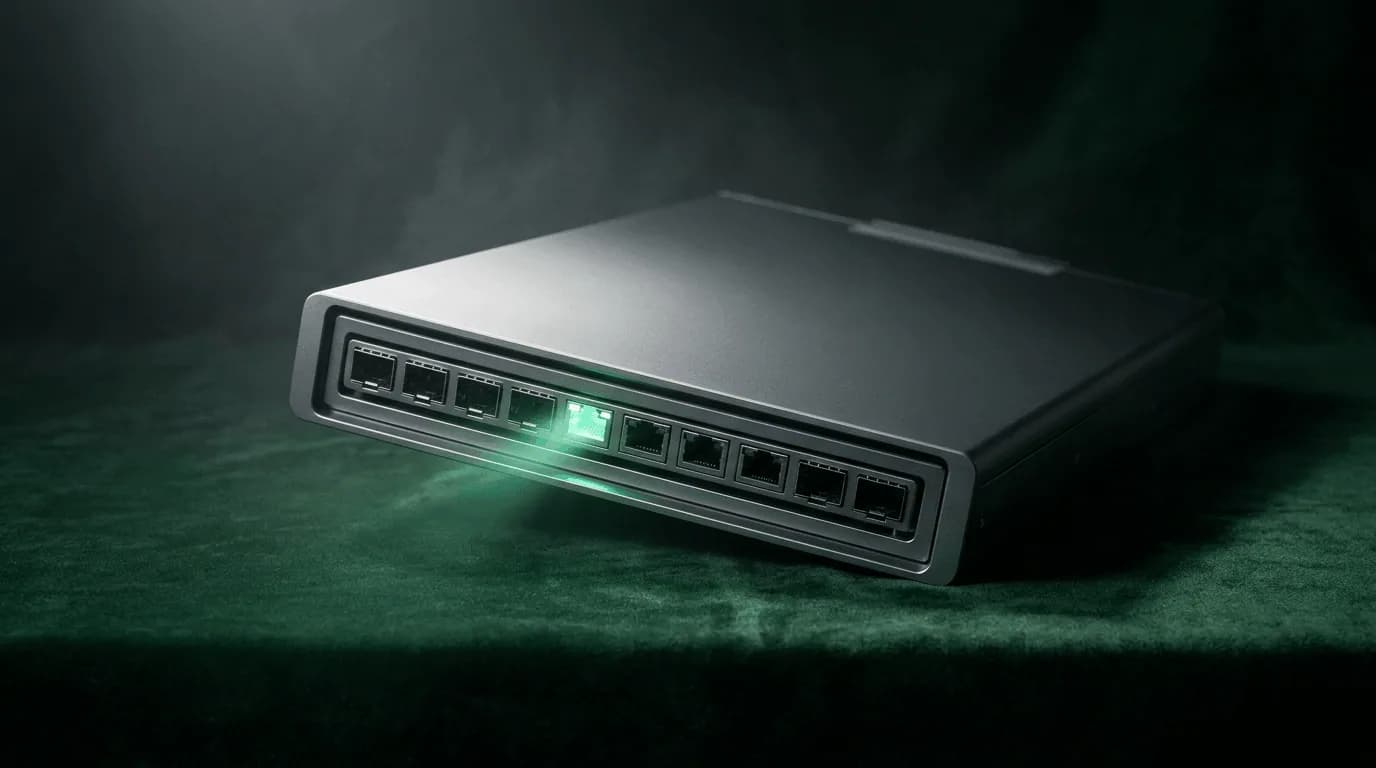 Sleek network switch with one port glowing green, representing the FHIR prior authorization API connection between providers and payers