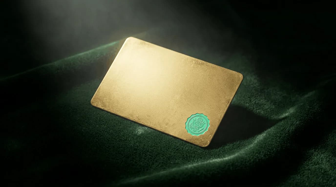 Polished gold metal card with a green wax-style seal resting on dark green velvet under dramatic light, evoking the gold-card credential awarded to providers with consistently high prior authorization approval rates