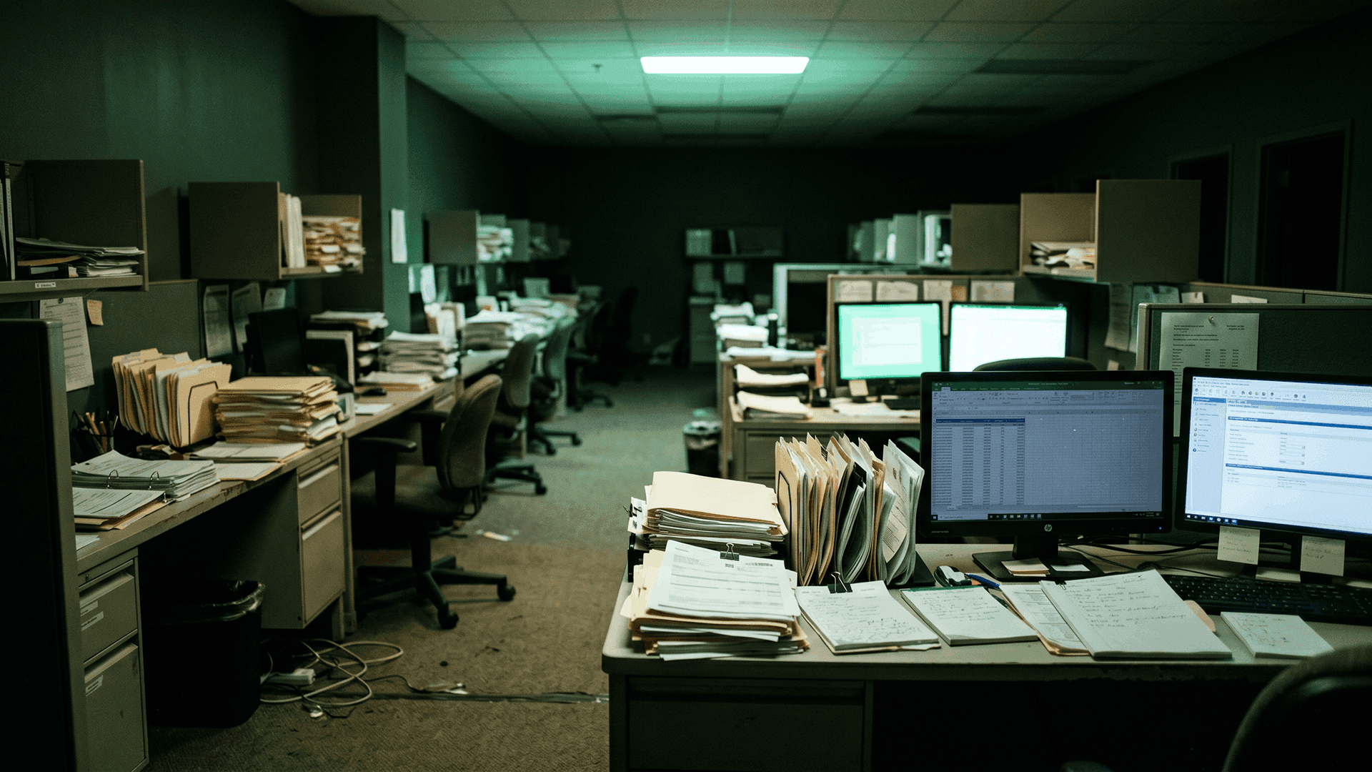 Isometric dark-green scene of a $250 billion administrative-cost stack split into five color-coded buckets — billing, prior auth, care coordination, scheduling, and credentialing — feeding into an AI agent automation hub