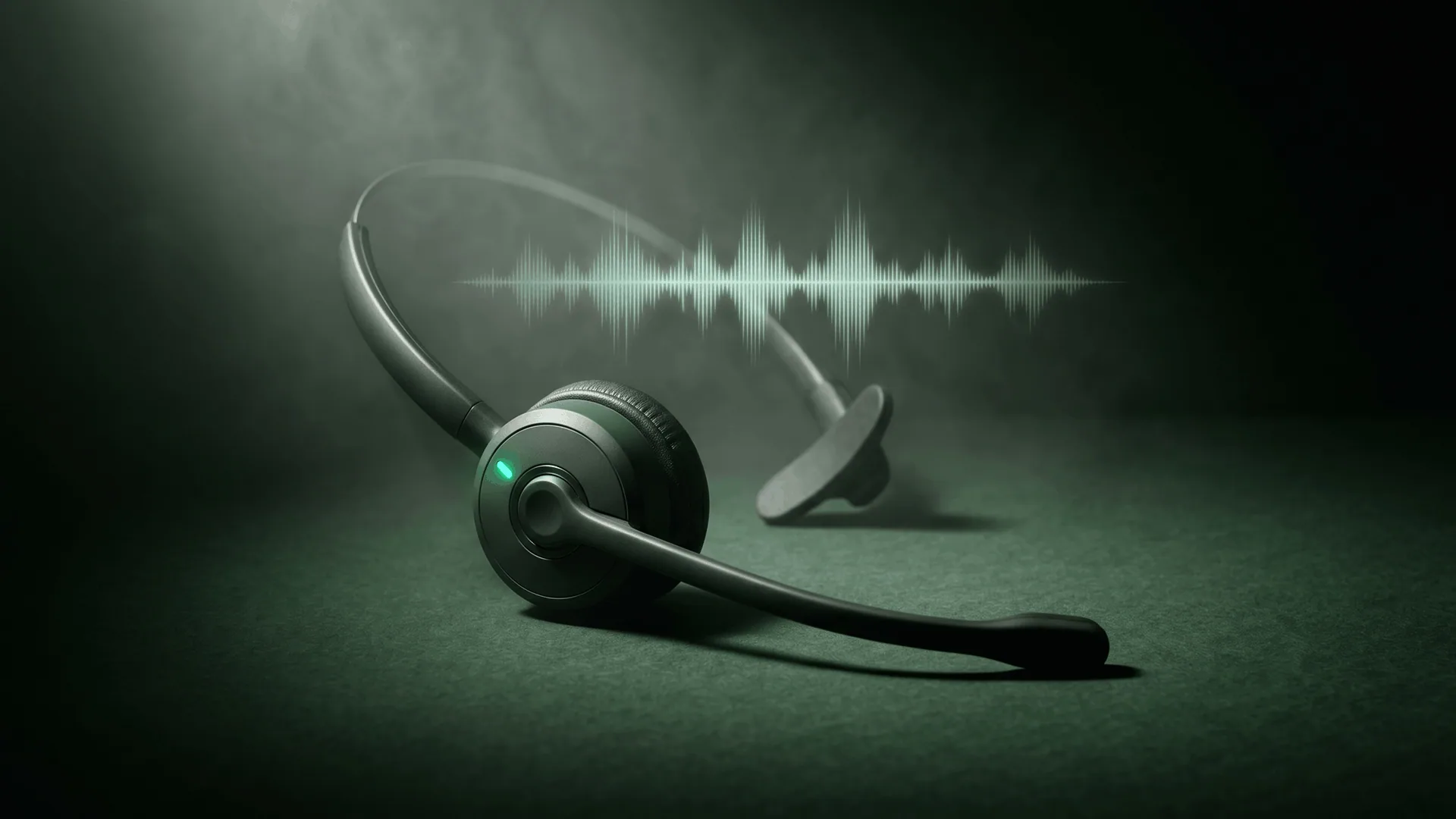 Cinematic product render of a single charcoal call center headset resting on a deep green velvet surface with a mint-green voice waveform glowing in the misty background, illustrating the shift from a full call center floor to AI voice agents handling 60 to 80 percent of inbound healthcare call volume