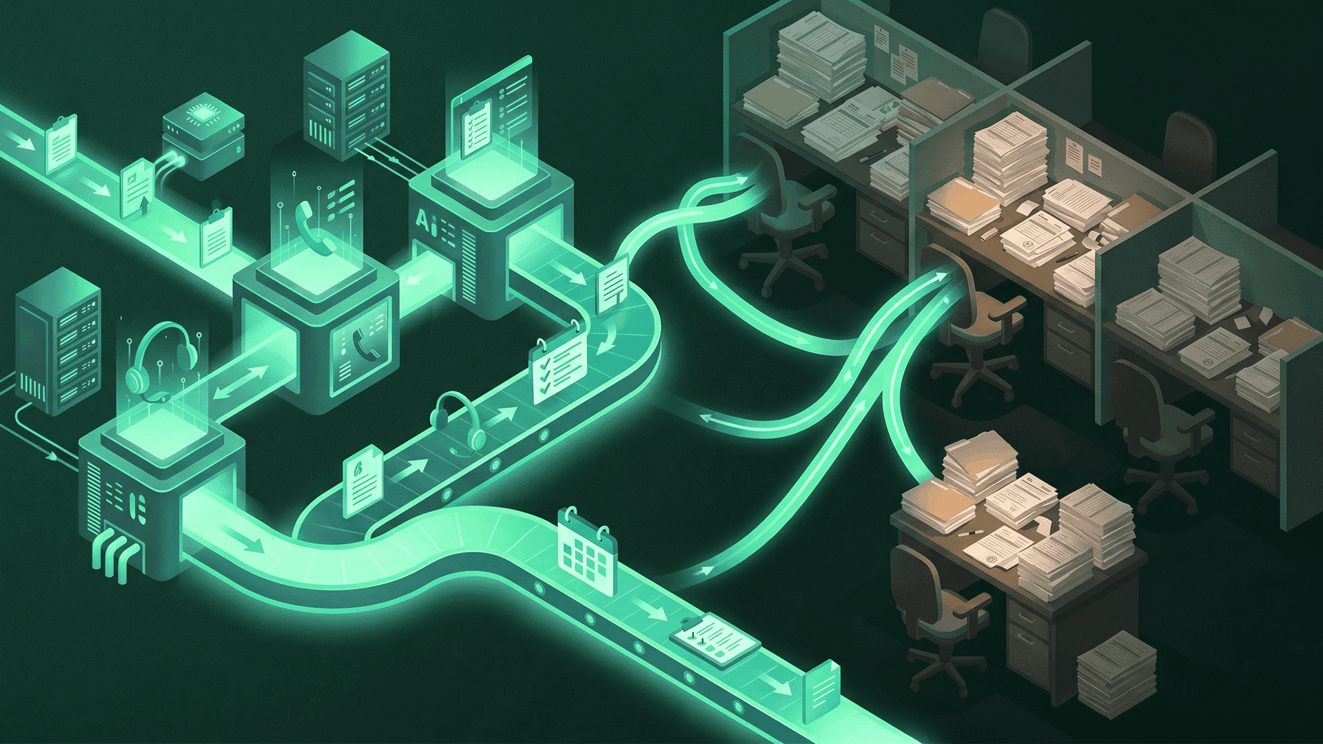 Isometric illustration of an AI automation pipeline feeding into empty cubicles piled with paper, depicting the shift from manual coordinator work to automated healthcare workflows
