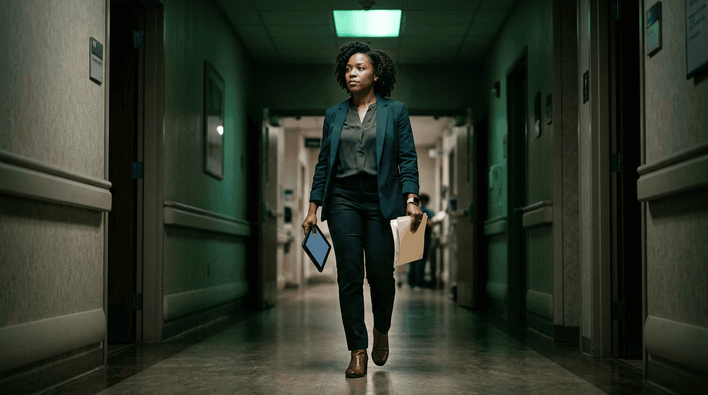 Healthcare administrator walking through a hospital corridor holding a tablet and patient files, illustrating the operational reality of prior authorization workflows