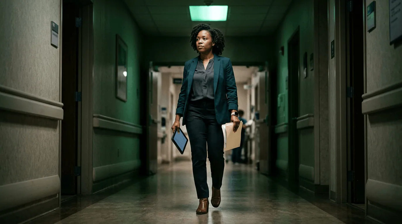 Healthcare administrator walking through a hospital corridor holding a tablet and patient files, illustrating the operational reality of prior authorization workflows