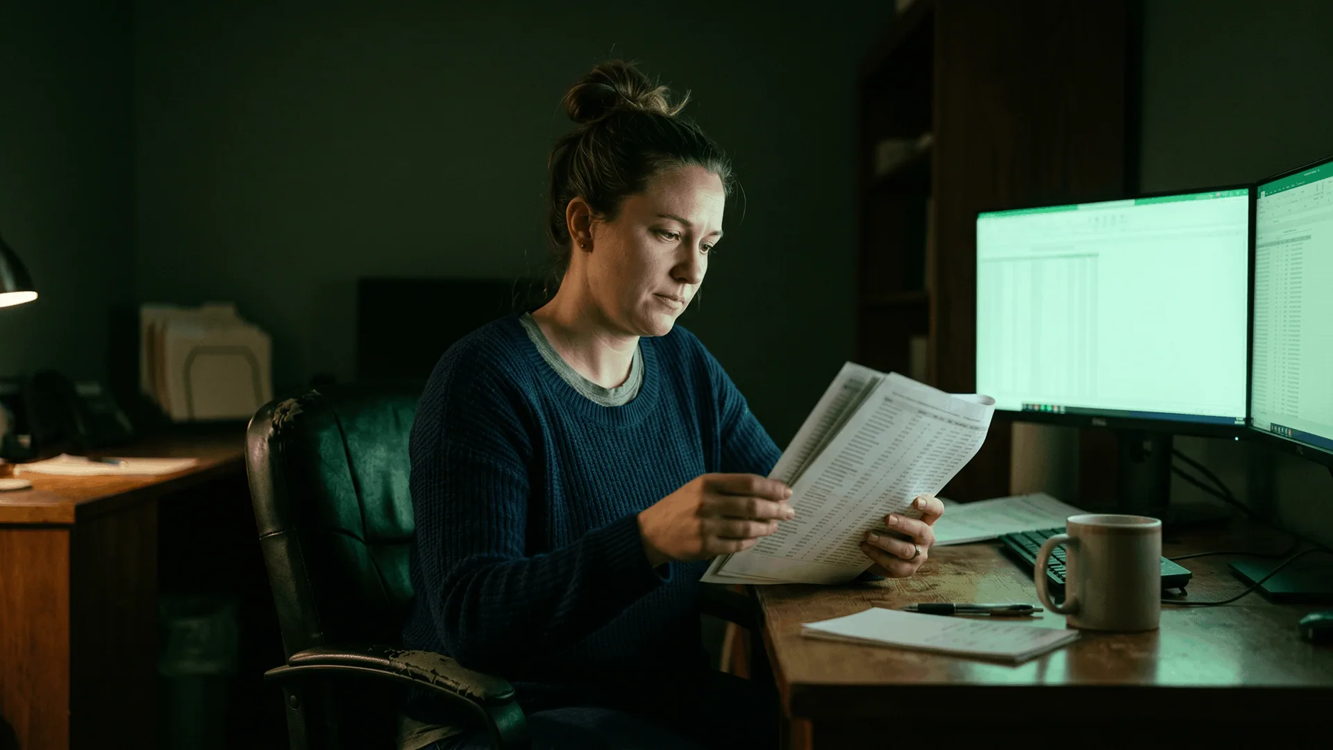 Healthcare billing specialist in a navy knit sweater at a dim office desk reviewing a printed denials aging report, with dual ultrawide monitors behind her displaying green-tinted spreadsheet data, illustrating the manual claim-denial review burden that front-end prevention and automation are designed to eliminate