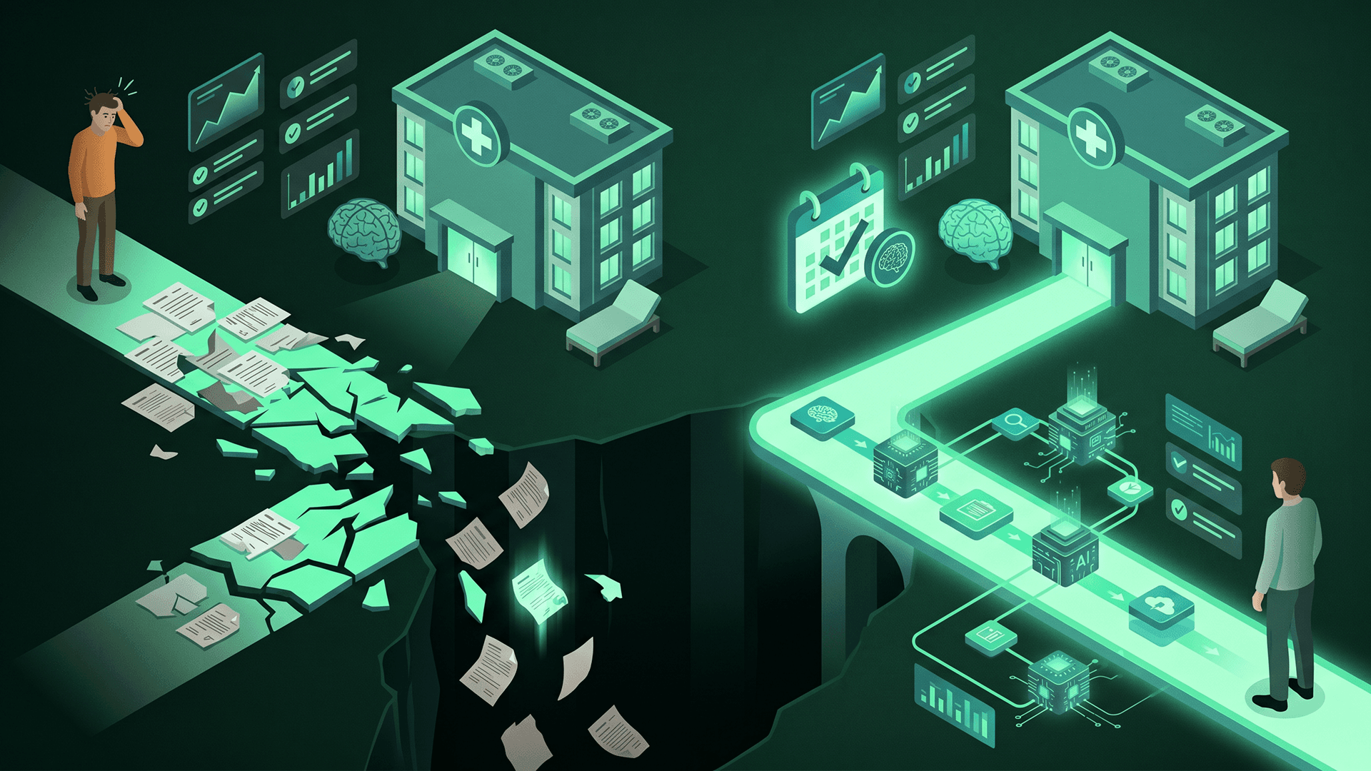 Isometric illustration contrasting a broken paper-based behavioral health referral workflow collapsing into a chasm on one side with an AI-automated closed-loop referral bridge leading to a scheduled behavioral health appointment on the other