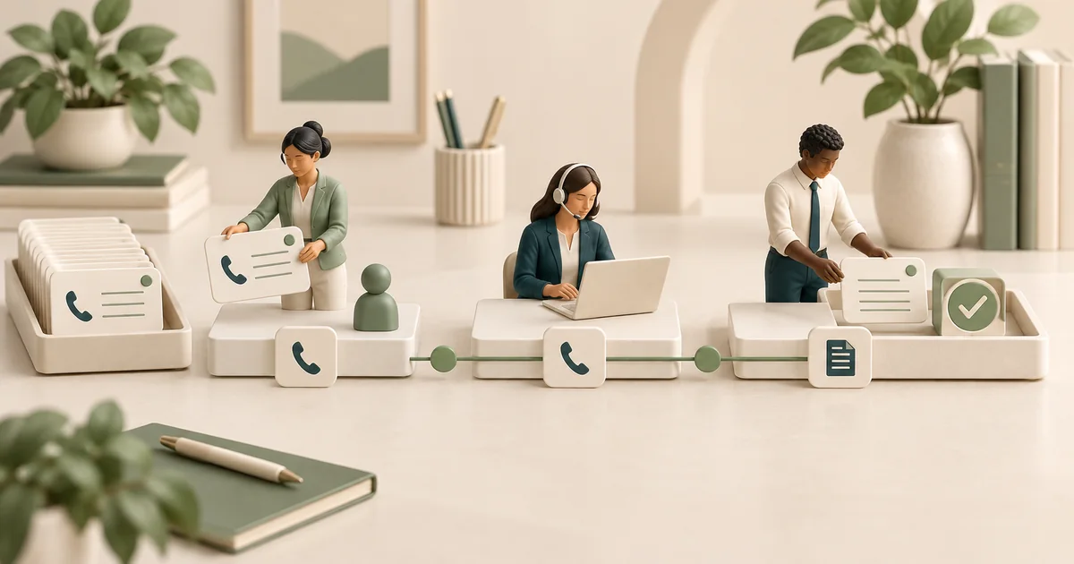 Miniature staff pass callback cards along a three-stage lane from a tray through a headset desk to a checked tray