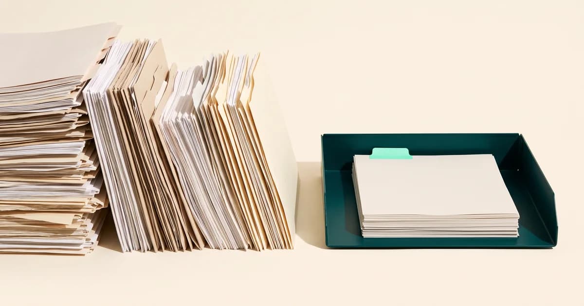 Tall stacks of worn manila folders beside a dark green tray holding one neat stack of pages with a single mint tab