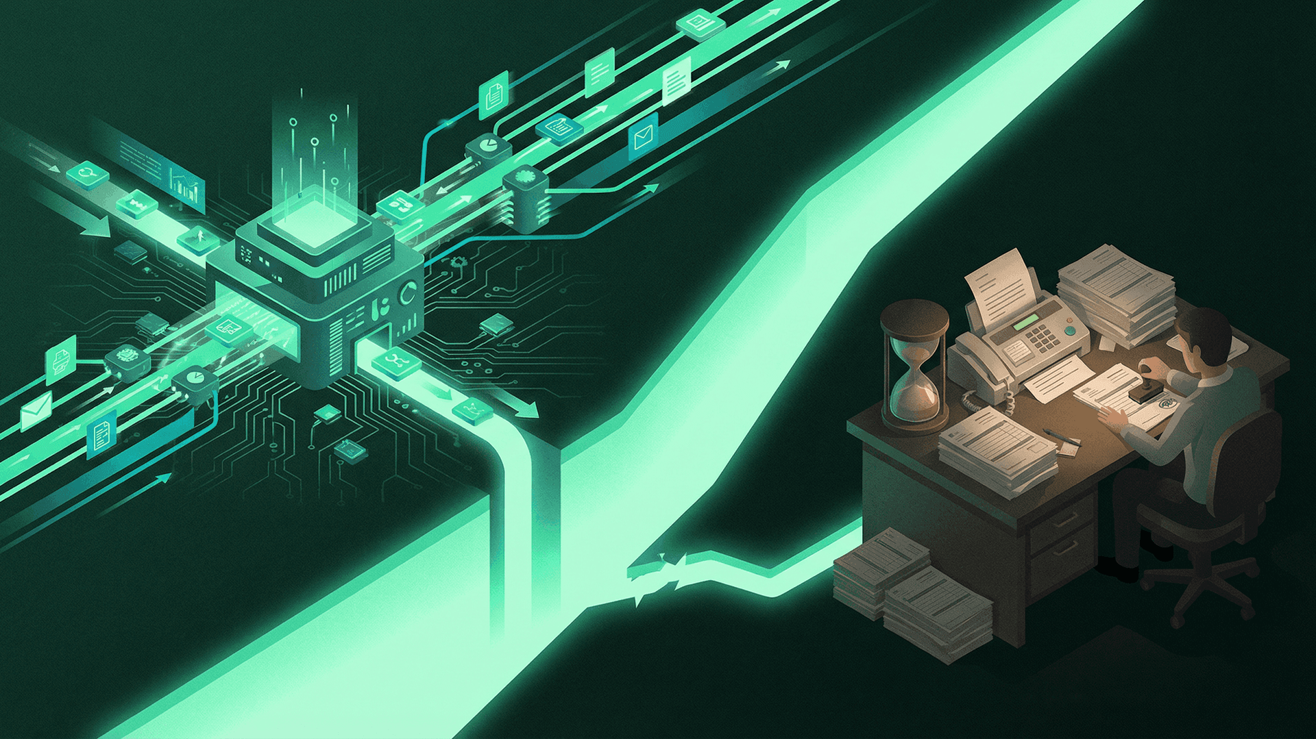 Isometric illustration showing automated payer systems with glowing teal circuits processing documents at machine speed, while a provider sits at a desk overwhelmed with paper stacks and fax machines - visualizing the prior authorization speed asymmetry