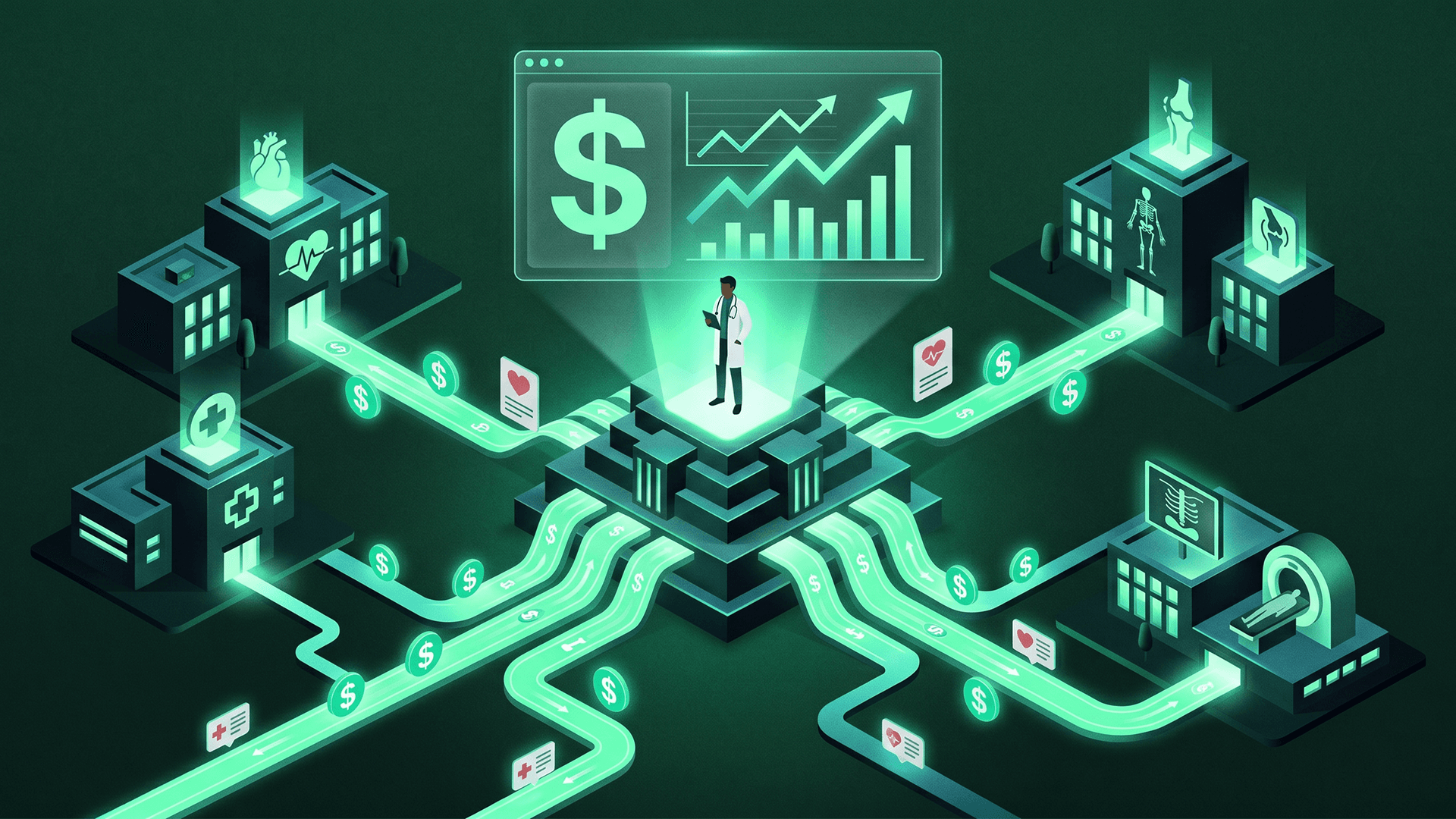 Isometric illustration of a physician at the center of a referral network with glowing revenue pathways marked with dollar signs flowing outward to specialist facilities (cardiology, orthopedics, radiology) beneath a floating revenue analytics dashboard