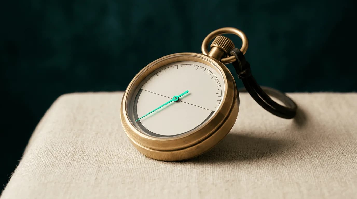 Brass stopwatch with a mint-green hand on cream linen, representing prior authorization cycle time