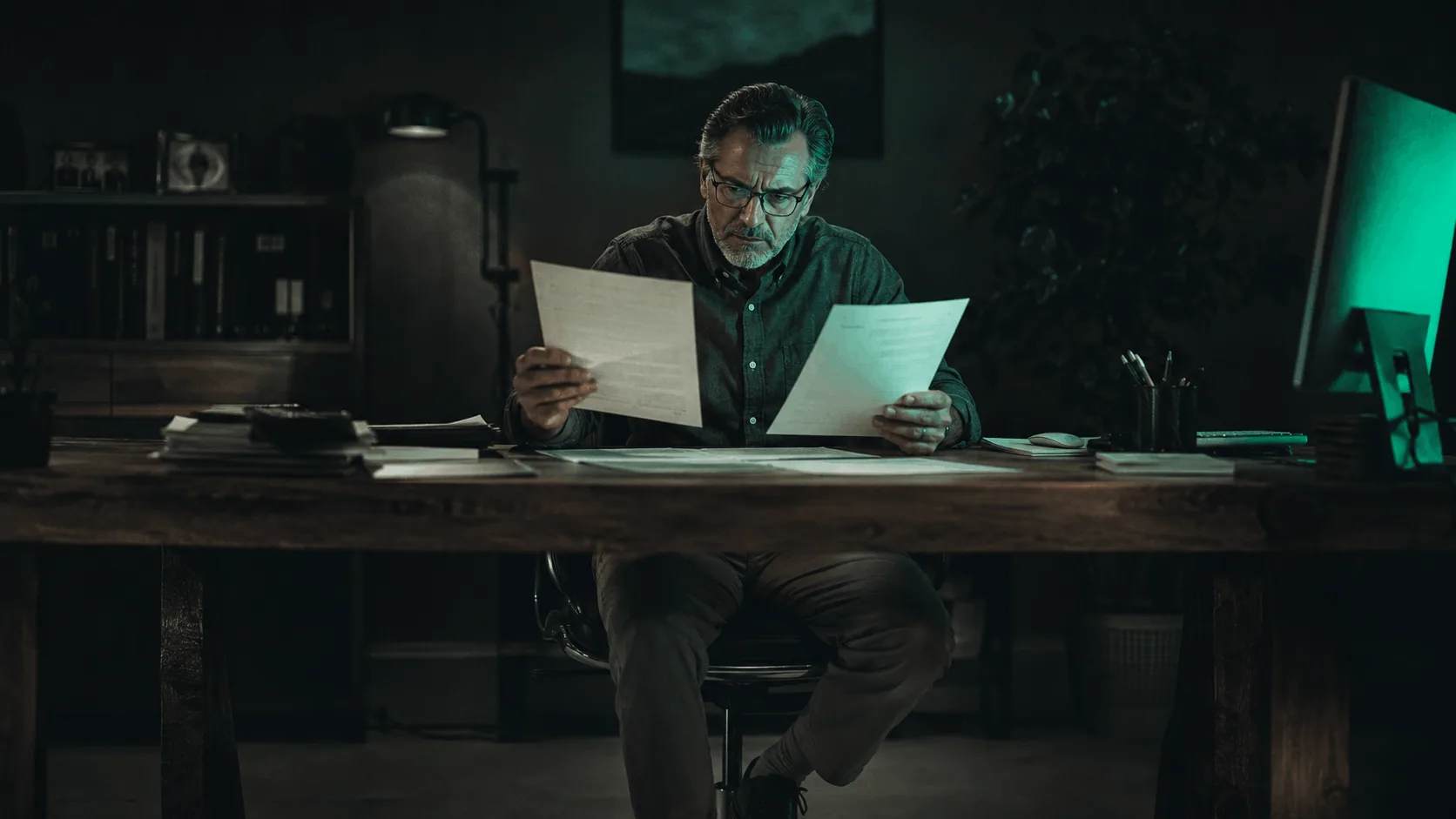 Clinician at a dimly lit desk comparing a payer denial letter against supporting clinical documentation