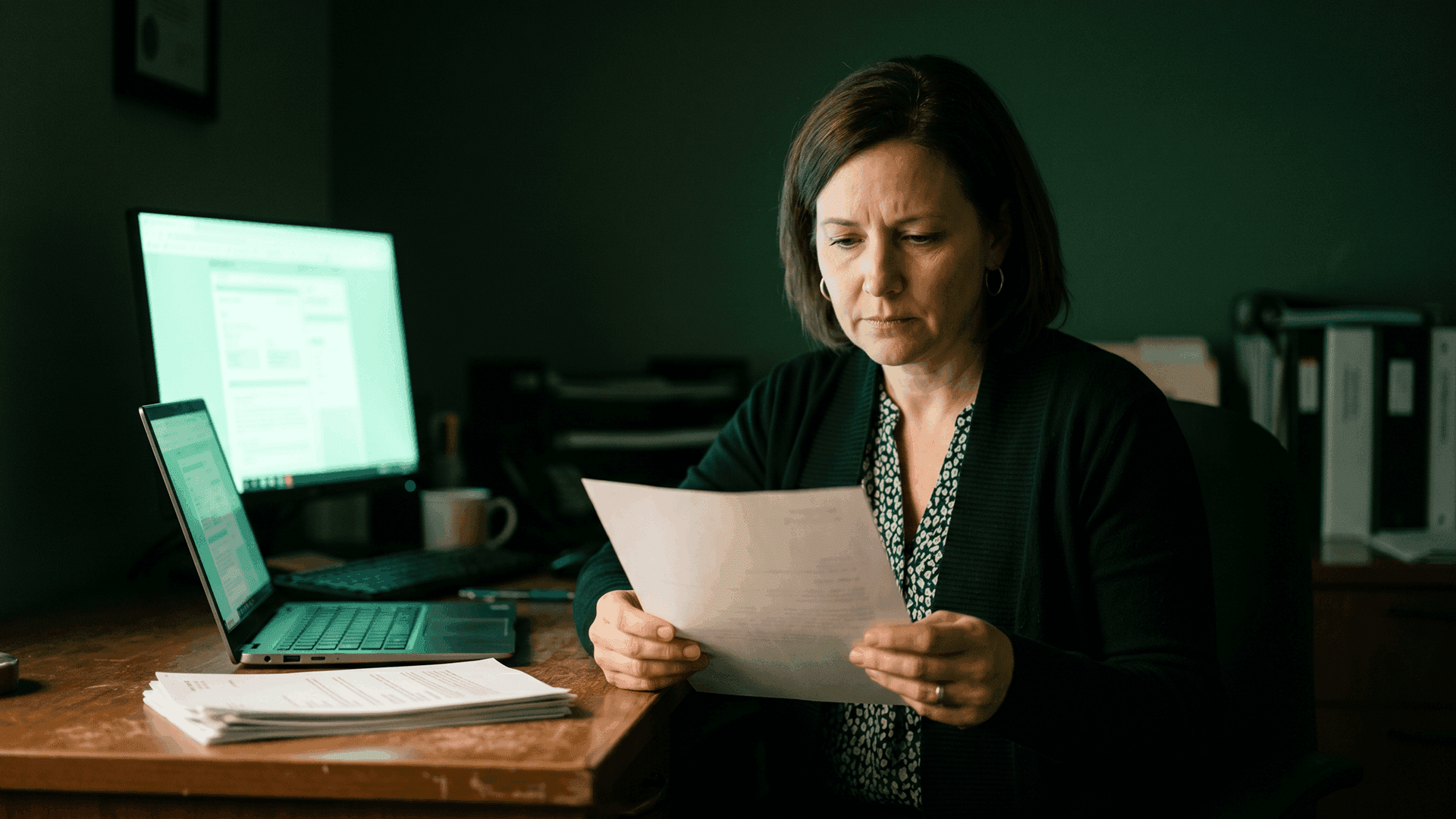 Healthcare coordinator at a dim office desk reviewing a denied prior authorization letter, flanked by two monitors displaying payer portals, illustrating the manual denial-review burden caused by the 10 most common prior auth rejection reasons