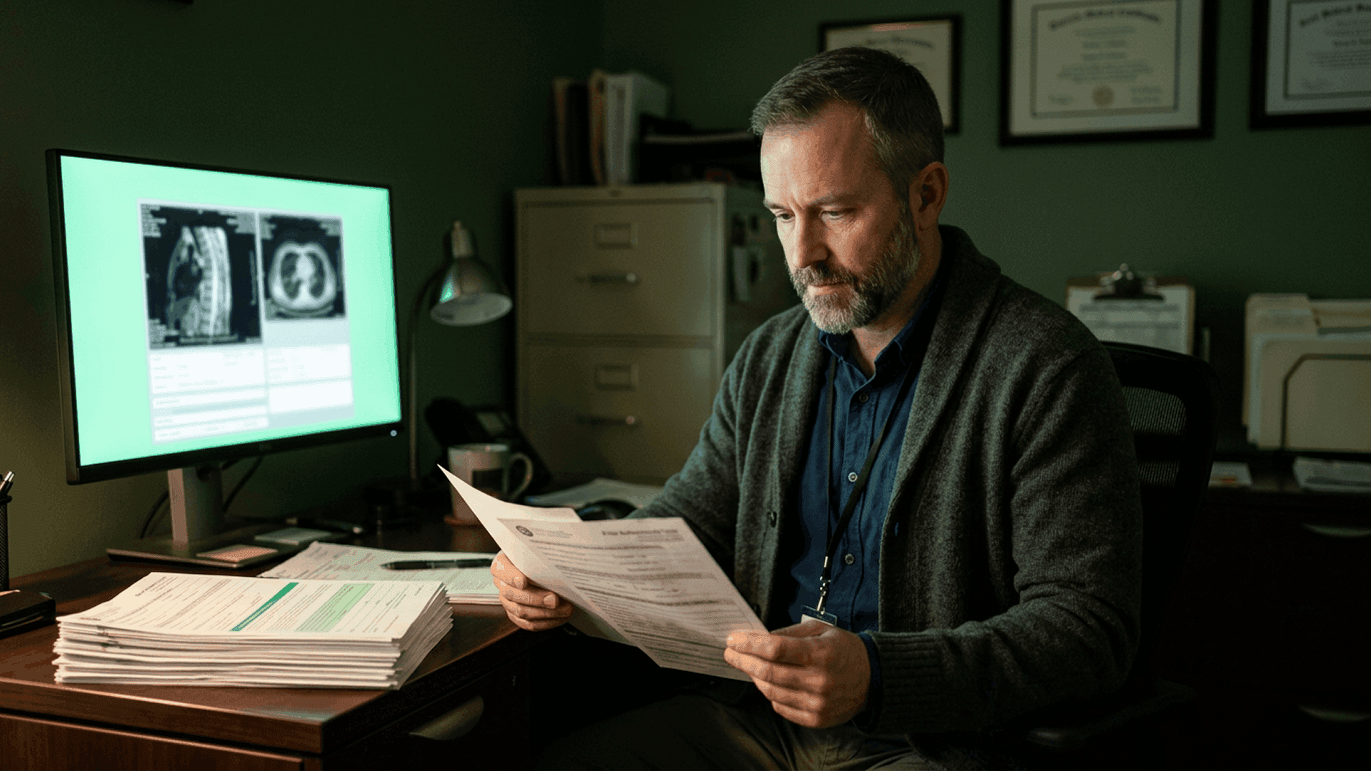 Specialty practice clinician in a gray cardigan and navy shirt with a hospital lanyard reviewing a printed prior authorization form at his desk, with a thick stack of imaging PA paperwork beside him and a monitor displaying MRI scan slices behind him, illustrating the documentation burden of advanced imaging prior authorization
