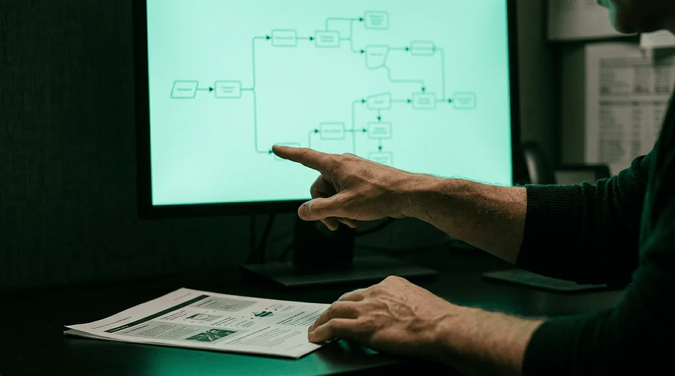 Healthcare operations leader pointing at a prior authorization process flow chart on a teal-lit monitor with a printed reference document on the desk in front