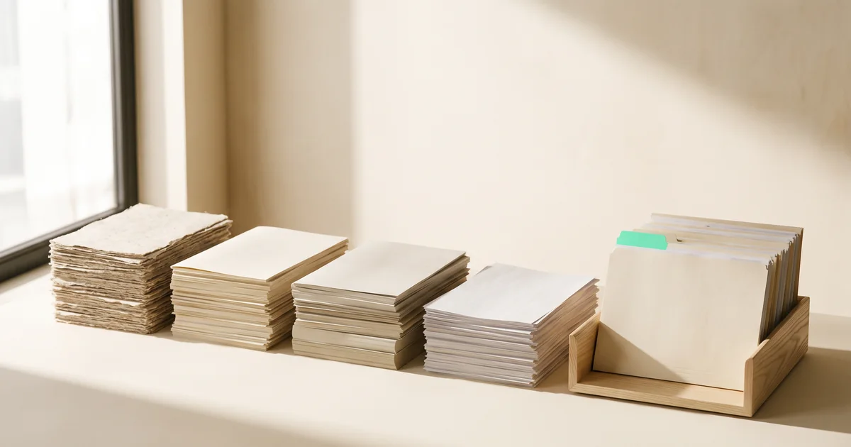 Four stacks of paper from rough sheets to clean pages beside a wooden tray of tidy folders with one mint tab