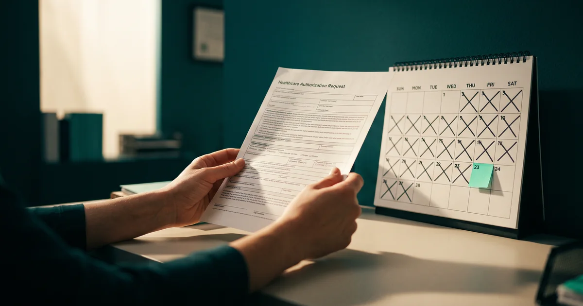 Hands holding a healthcare authorization request form beside a desk calendar with days crossed off and a mint sticky note