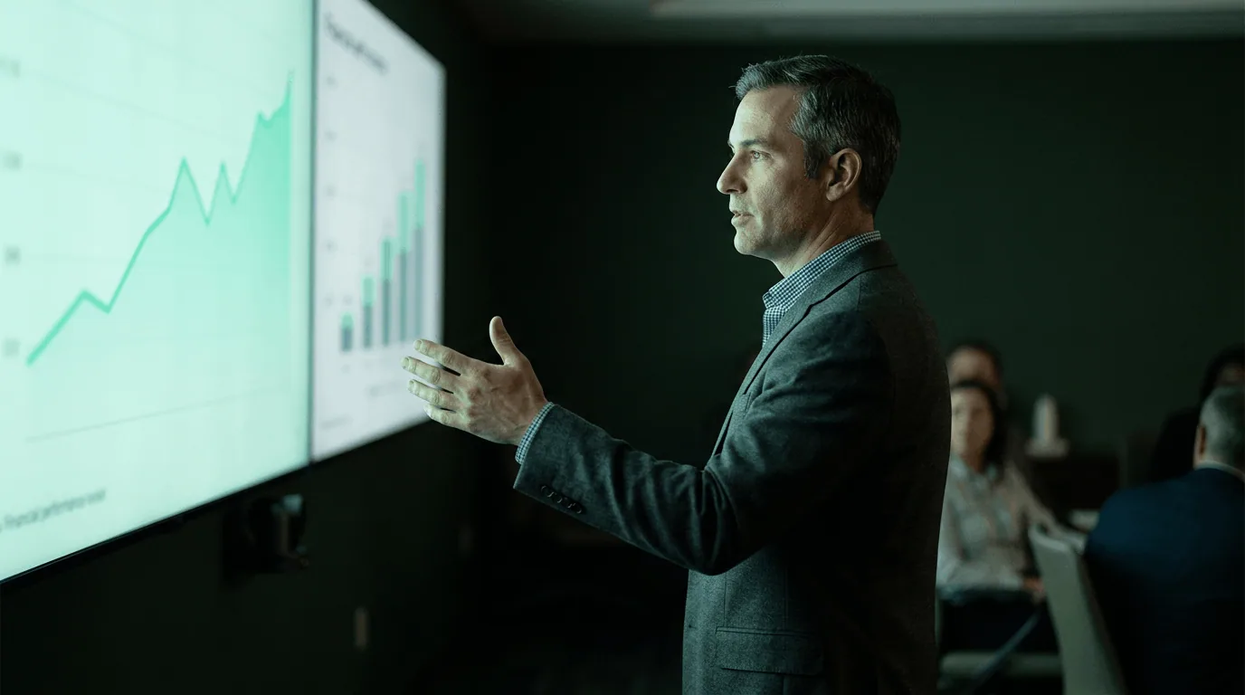 Healthcare executive presenting voice AI ROI charts with revenue and call-volume metrics trending upward in a boardroom