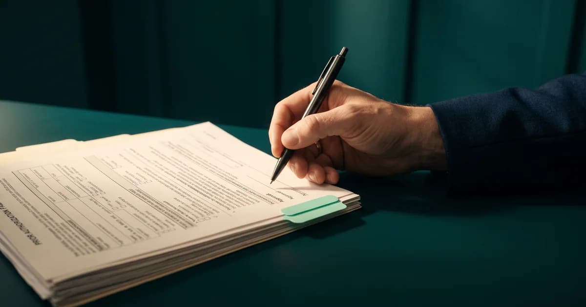 A hand holding a pen over the approval line of a prior authorization form in a manila folder with a mint tab on a green desk