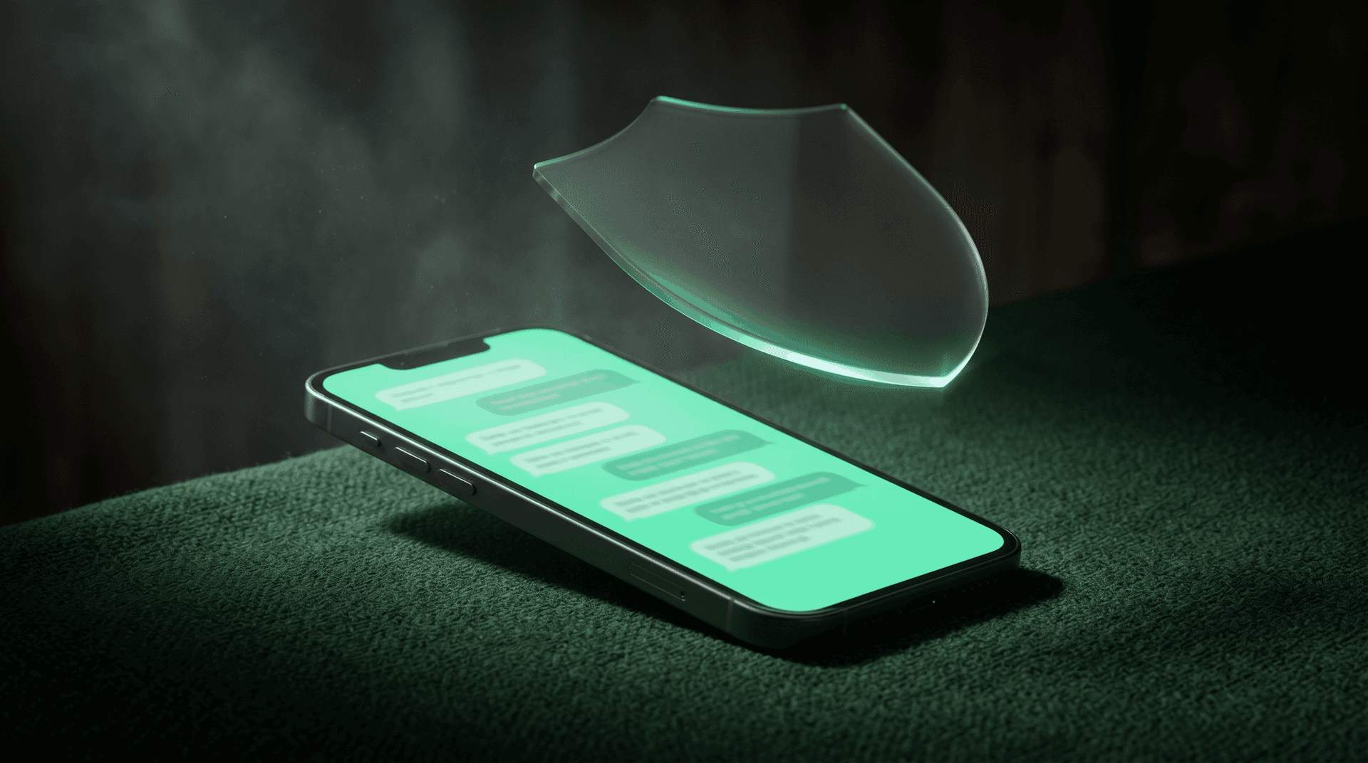 Isometric dark-green scene of a phone showing SMS message bubbles with appointment confirmations and reminders, a HIPAA shield icon overlaying a Twilio-style message gateway, a consent capture clipboard on the left, and an AI agent on the right routing two-way SMS conversations to human staff escalation