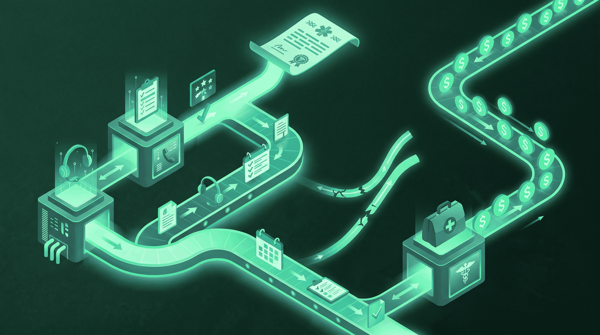 Isometric dark-green scene of a referral-to-revenue conveyor: AI agent node with headset on the left feeds a workflow through a clipboard and review/rating station, a signed contract at top, a broken-bridge section mid-route representing referral leakage, and lands at a medical bag that feeds a zigzag path of glowing dollar coins representing completed VBC revenue