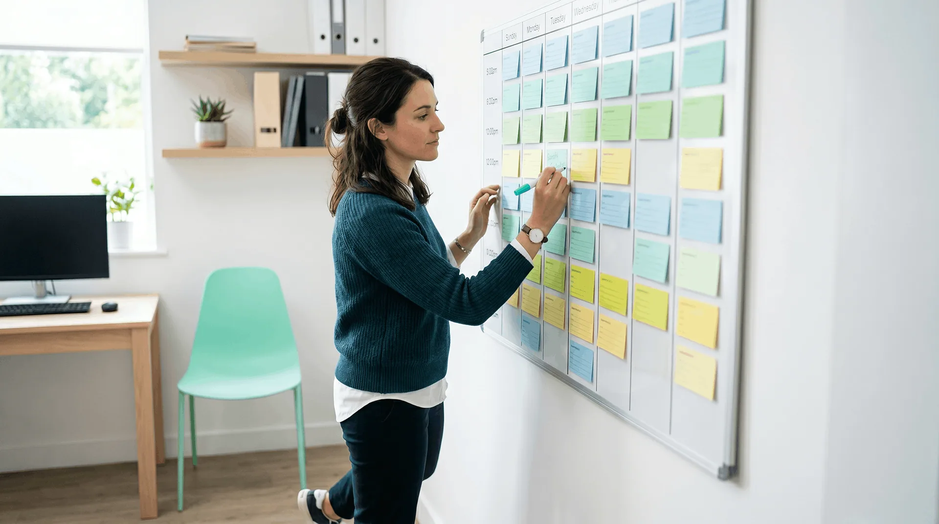 Practice leader in a teal sweater annotating color-coded sticky notes on a large whiteboard schedule — the manual care-gap tracking work that automation replaces, with each note representing an open patient outreach task