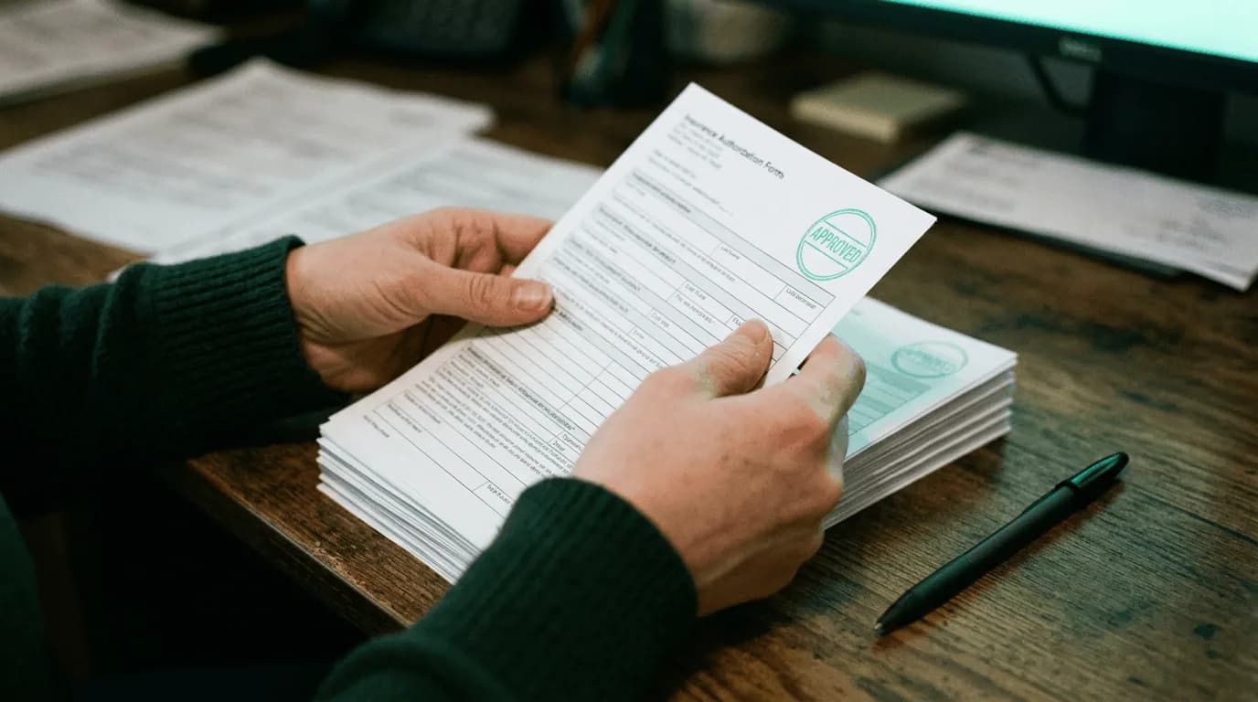 Practice staff member reviewing an insurance authorization form stamped APPROVED, with a stack of additional authorization forms and a pen on a wooden desk