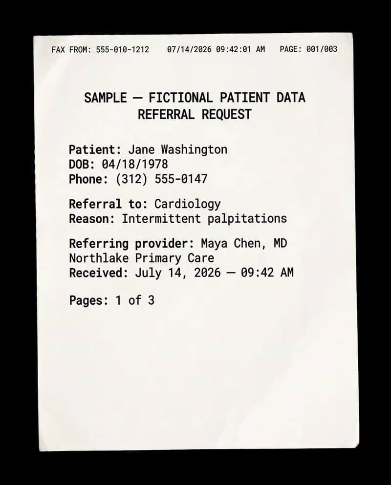 Fictional referral fax for Jane Washington demonstrating automated referral intake
