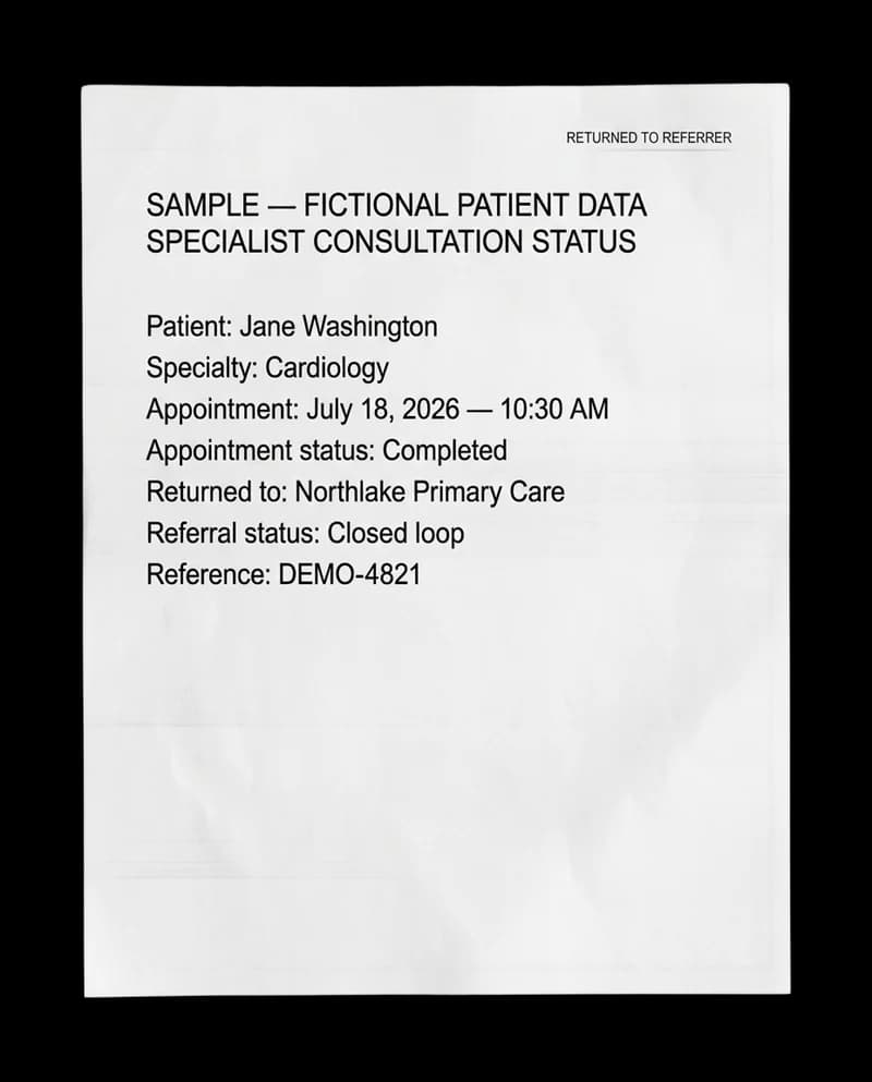 Fictional specialist consultation status document demonstrating closed-loop referral follow-up