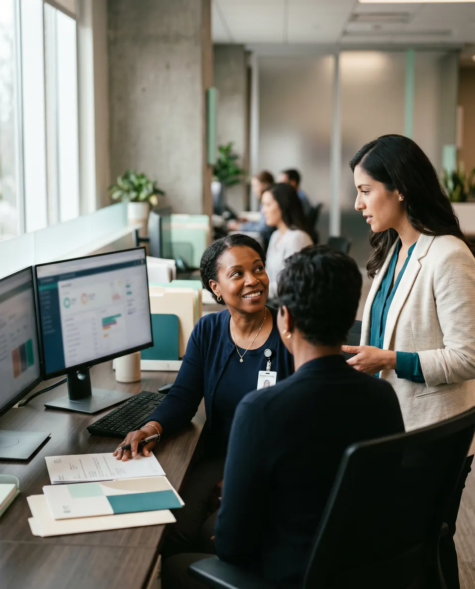 Referral coordination staff reviewing patient workflows in a healthcare operations office