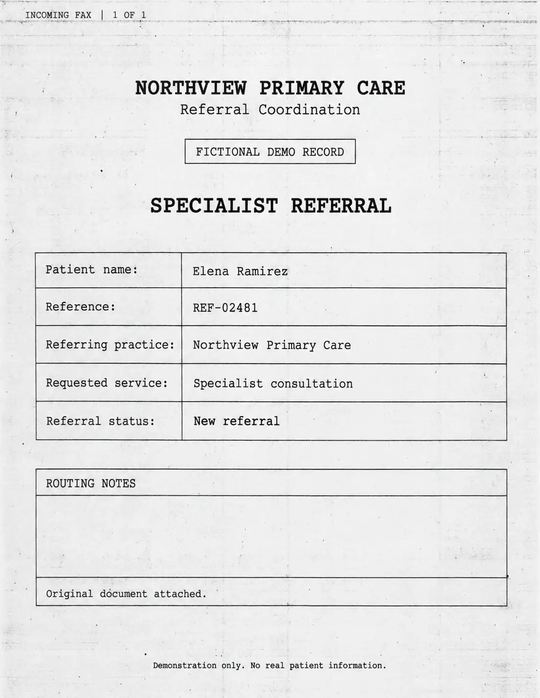 Scanned specialist referral fax used in the illustrative walkthrough; fictional record