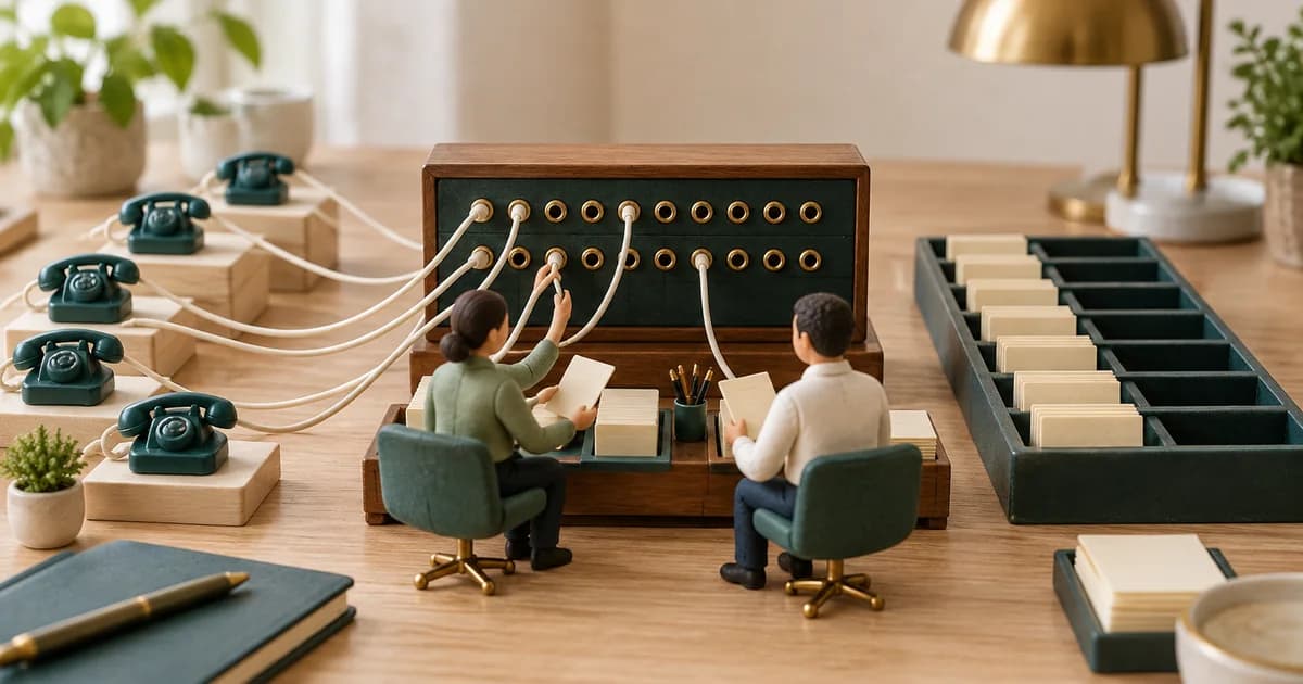 AI Phone Capacity: Test What Happens When Call Demand Spikes Miniature staff inspect several incoming phone lines and an orderly request queue.