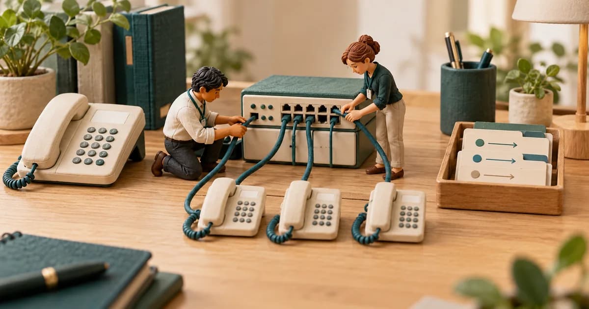 Connecting AI to a Clinic Phone System: Numbers, Extensions and Routing Miniature technicians arrange phone extensions, routing cards and neatly connected cords.