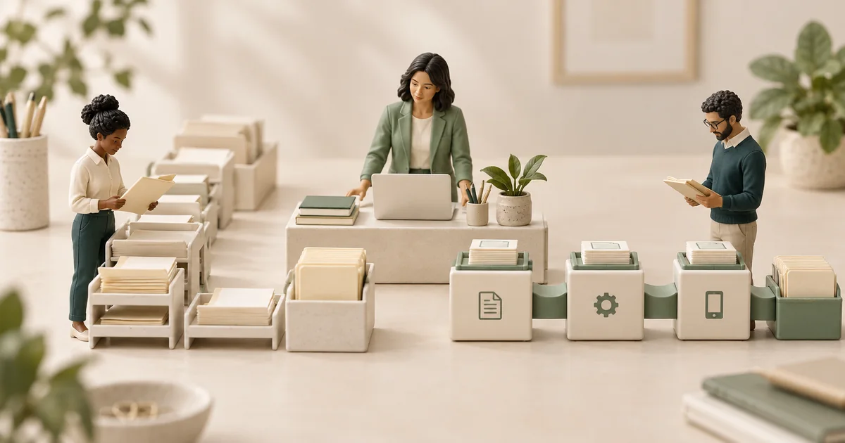 Staffed paper handoffs beside a connected workflow Miniature staff handle paper handoffs beside a connected workflow on a cream and teal tabletop.