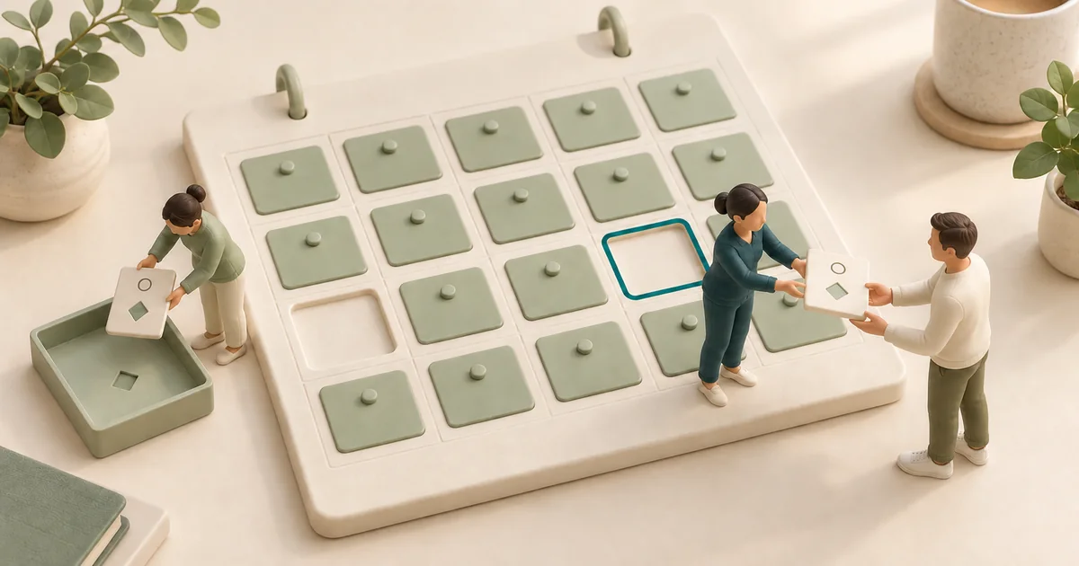 Open calendar slot offered to a patient as a card Two miniature staff at a sage calendar grid hand a slot card to a patient beside an empty slot outlined in teal