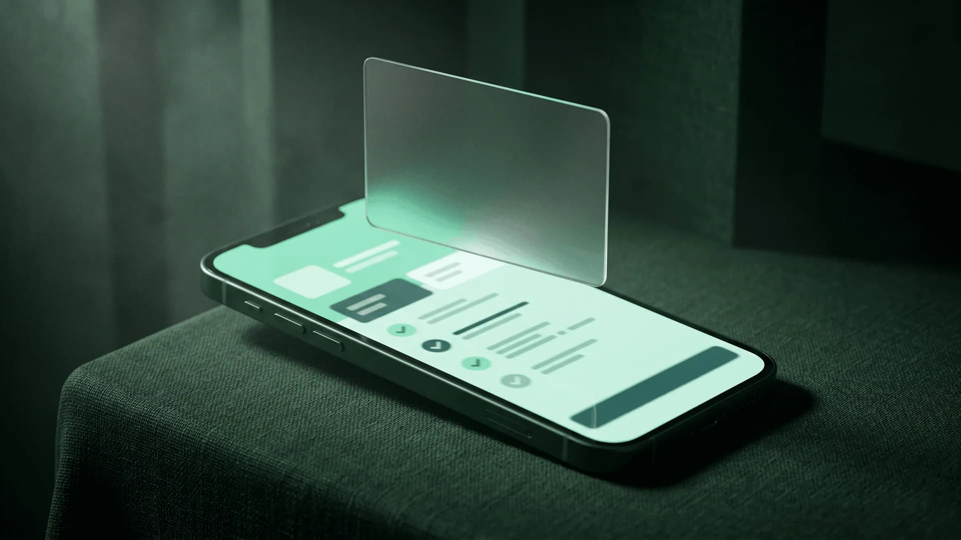 Automated Insurance Verification: How It Works and Why Manual Eligibility Checks Are Costing You Cinematic 3D render of a smartphone projecting a holographic eligibility verification panel above its mint-lit screen, illustrating real-time automated insurance verification replacing manual portal eligibility checks