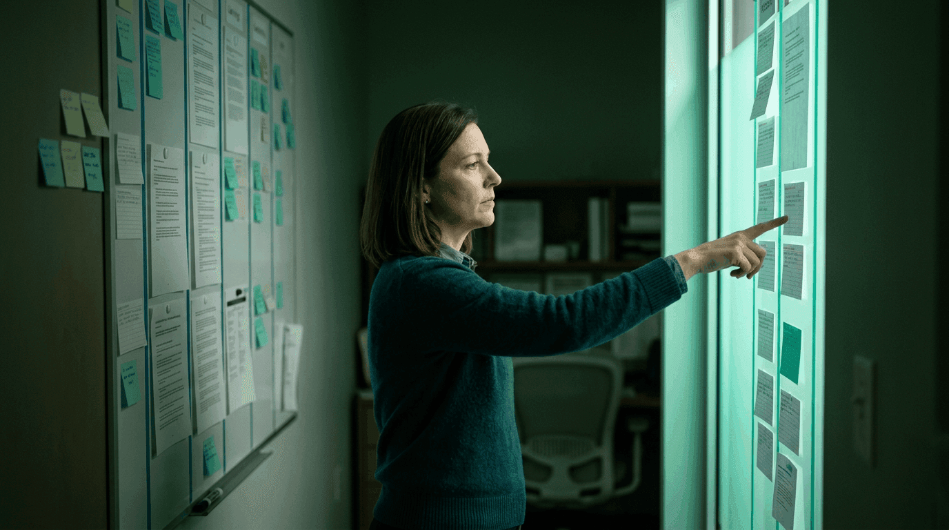 CMS Prior Authorization Rule 2026: Compliance Checklist Compliance lead in a teal sweater mapping CMS-0057-F regulatory text against a glowing illuminated panel and a policy wall covered in sticky notes, representing the cross-walk between the rule's requirements and a payer-by-payer compliance plan