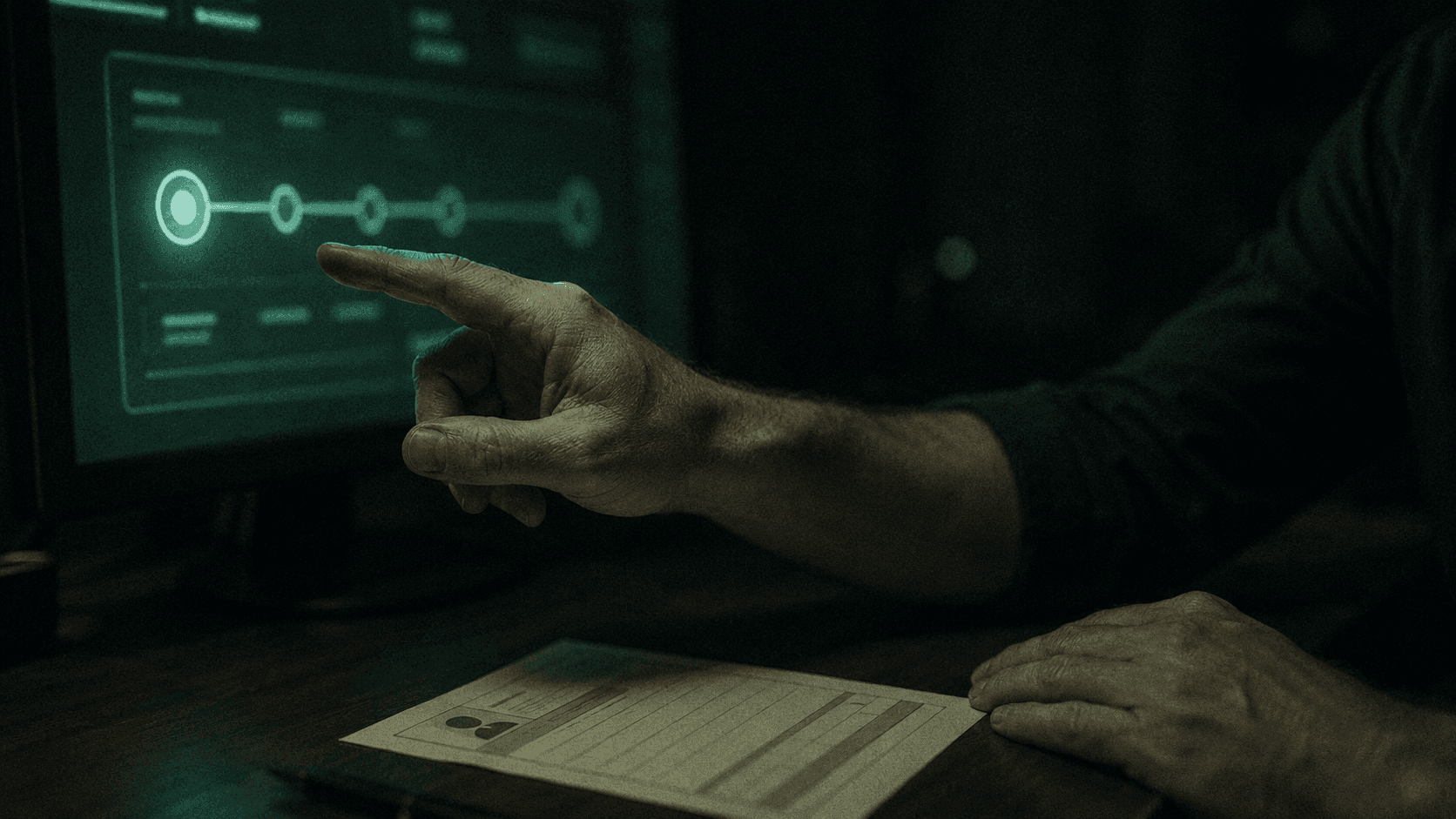 Eligibility verification before the referral: why check-in is already too late Hand pointing at the first checkpoint of a multi-step verification timeline beside a paper intake form