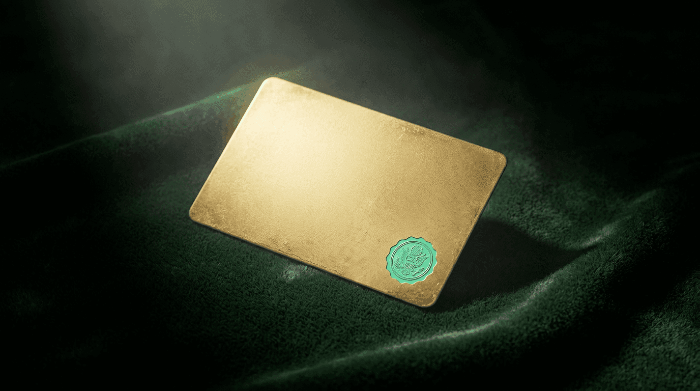 Gold Carding for Prior Authorization: How It Works Polished gold metal card with a green wax-style seal resting on dark green velvet under dramatic light, evoking the gold-card credential awarded to providers with consistently high prior authorization approval rates