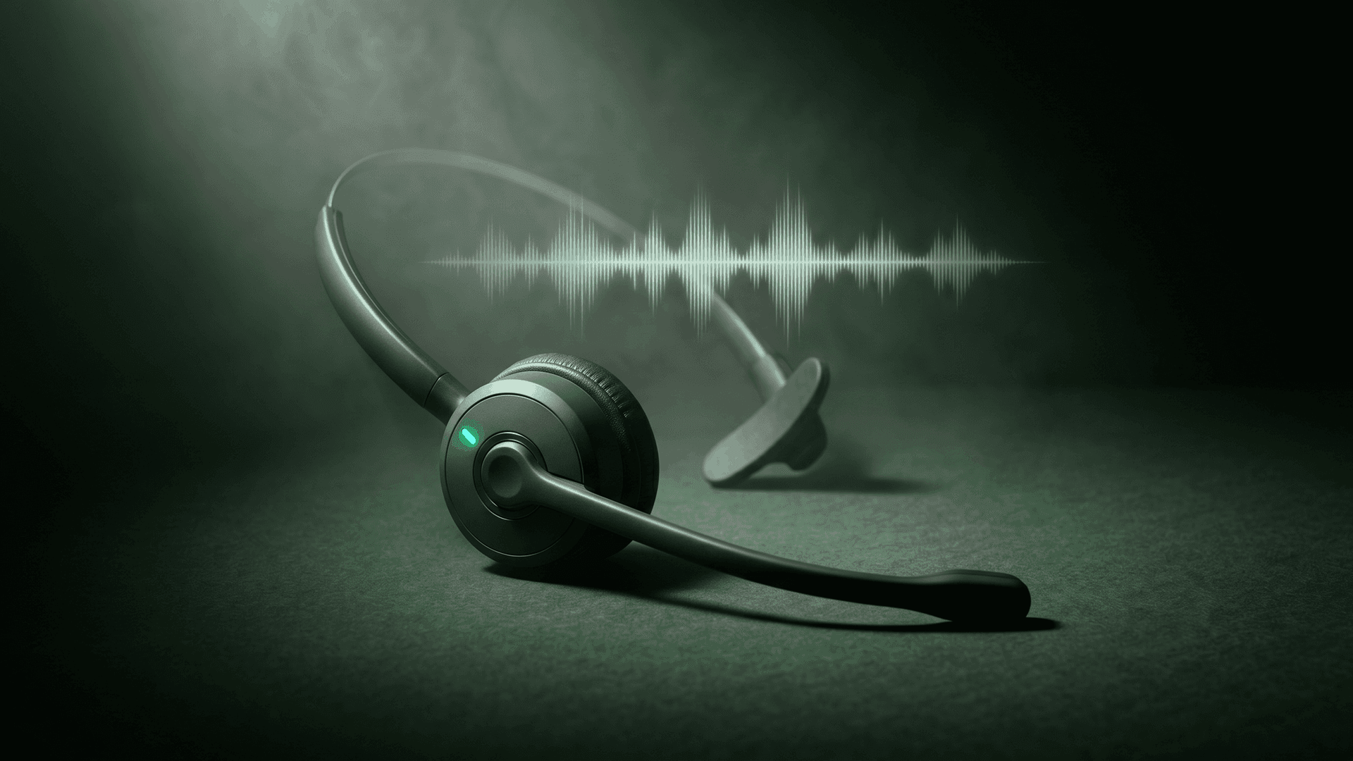 Healthcare Call Center Automation: A Decision Framework for 2026 Cinematic product render of a single charcoal call center headset resting on a deep green velvet surface with a mint-green voice waveform glowing in the misty background, illustrating the shift from a full call center floor to AI voice agents handling 60 to 80 percent of inbound healthcare call volume