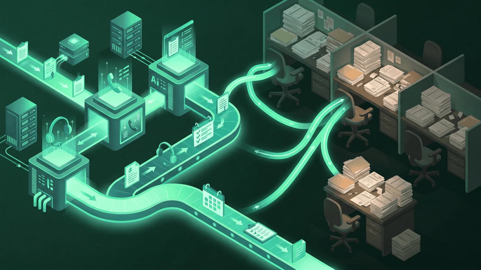The Healthcare Staffing Shortage Is an Automation Problem Isometric illustration of an AI automation pipeline feeding into empty cubicles piled with paper, depicting the shift from manual coordinator work to automated healthcare workflows